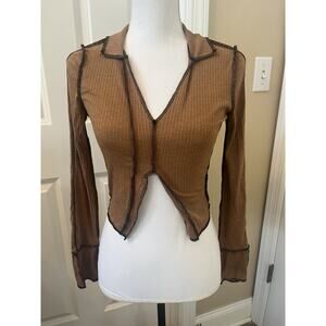 Shein XXS/XS Brown Inside Out Exposed Stitch Collared Long Sleeve Pullover Top